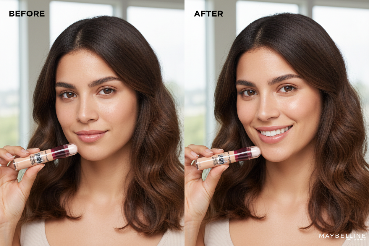 Mujer latina con piel radiante sosteniendo corrector Maybelline